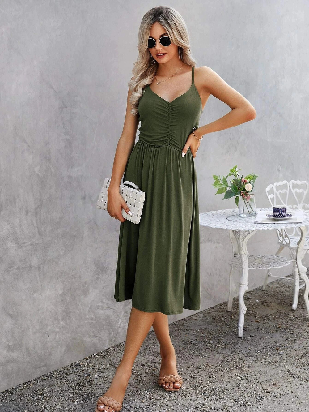 ZARA French Style Spaghetti Strap Shirred Waist Slimming Casual Vacation Dress